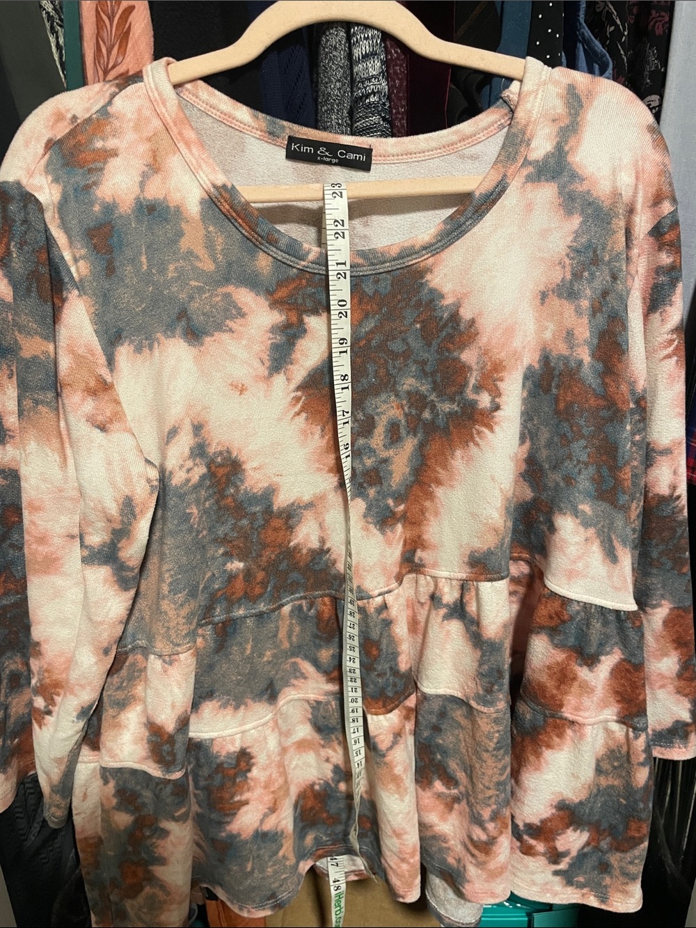 Kim & Cami Tie-Dye Peplum Long Sleeve Top - Pink, Gray, Brown Cozy Soft 90s Boho
